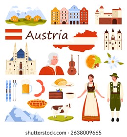 Culture elements and nature landscape, food of Austria set. Austrian couple in national costumes, beer and sausages, Mozart and violin, mountain and Alpine village cartoon vector illustration