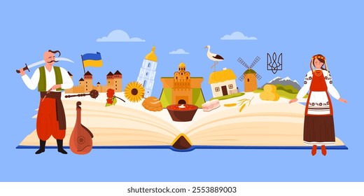 Culture elements of Ukraine, famous architecture landmarks and food study in collage with big open guide book, church of Kyiv, Cossack with sword and Ukrainian woman cartoon vector illustration