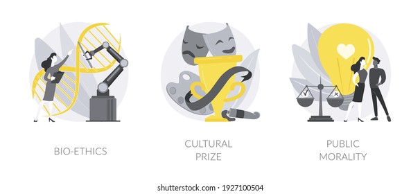 Culture and ethics abstract concept vector illustration set. Bioethics and genetic biotechnology, cultural prize, public morality and ethical standards, nobel laureate, life science abstract metaphor.