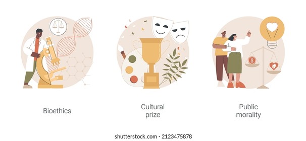 Culture And Ethics Abstract Concept Vector Illustration Set. Bioethics And Genetic Biotechnology, Cultural Prize, Public Morality And Ethical Standards, Nobel Laureate, Life Science Abstract Metaphor.