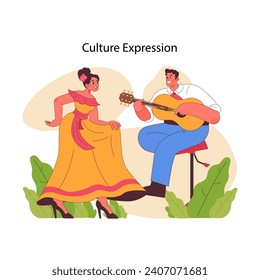 Culture expression concept. Performers in traditional attire, sharing heritage through music and dance. Celebrating in Hispanic, Mexican costumes. Rich cultural storytelling. Flat vector illustration