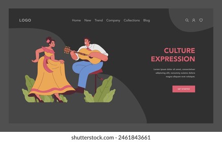 Culture expression web or landing. Performers in traditional attire, sharing heritage through music and dance. Celebrating Hispanic, Mexican culture. Rich cultural storytelling. Flat vector