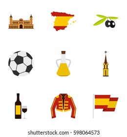 Culture features of Spain icons set. Flat illustration of 9 culture features of Spain vector icons for web