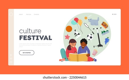 Culture Festival Landing Page Template. Little Boy Reading Books Lying on Floor, Kid Character Studying, School Child Learning Classes in Library or Enjoying Reading Hobby. Cartoon Vector Illustration