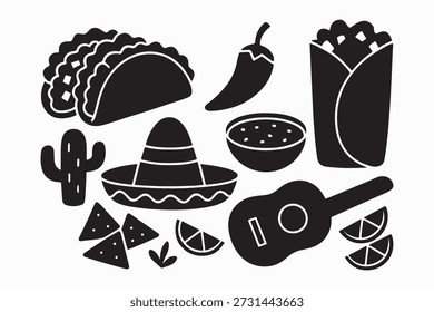 "Mexikanische Kultur flache Vektorgrafik mit Sombrero, Maracas, Kaktus, Gitarre, Papel-Picado-Banner, lebendige traditionelle Farben, saubere Umrisse, minimale Schattierung, einzeln auf weißem Hintergrund