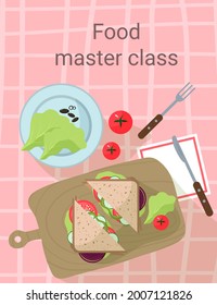 Culture food master class. poster or banner of summer picnic, sandwich on plate on tablecloth. Vector illustration. Summertime