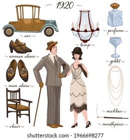 Culture and furniture pieces, clothes and vintage fashion of 1920s. Isolated couple wearing suit and dress. Lamp and old fashioned shoes, chair and goblet, perfume and necklace. Vector in flat style