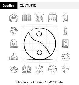 Culture Hand Drawn Icons Set For Infographics, Mobile UX/UI Kit And Print Design. Include: Drum, Hand, Instrument, Music, Religion, Commandments, Faith, Pray, Icon Set - Vector