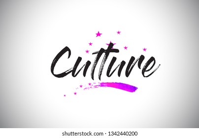 Culture Handwritten Word Font with Vibrant Violet Purple Stars and Confetti Illustration.