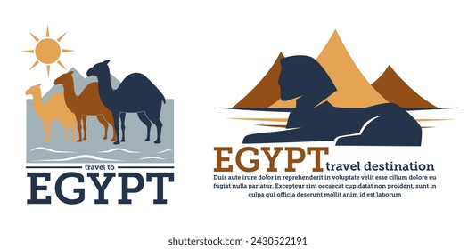 Culture, historical memorials and architectural wonders in African country. Egypt travel destination. Promotional banners or labels with pyramids, sphinx monument and camels. Vector in flat style