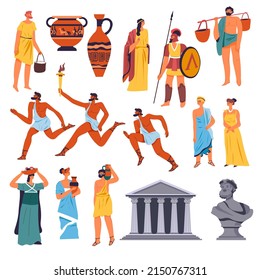 Culture and history of ancient greece, isolated people wearing traditional clothes. Man and woman at wedding, male characters taking part in Olympic games running with torch. Amphora and vase, vector