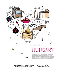 Culture of Hungary concept. Doodle elements of Hungary. Vector heart illustration.