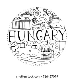 Culture of Hungary. Hand drawn symbols of Hungary. Vector round illustration. Black and white.