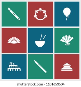 Culture icon. collection of 9 culture filled icons such as musical pipe, tambourine, fan, coliseum, baloon, temple. editable culture icons for web and mobile.