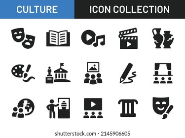 Culture icon collection. Containing history literature, ancient vase, theater, museum and art icon in black design.