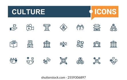 Culture icon. Contains such icons as ticket, culture, sculpture, column, painting, camera, music, movie. Icons for UI. Vector illustration in modern line style.