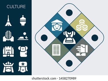 culture icon set. 13 filled culture icons.  Collection Of - Dirndl, Samurai, Russian, Medieval, Koala, Martial arts, Desert, Tokyo, Lantern, Sushi, Vietnamese, Columns