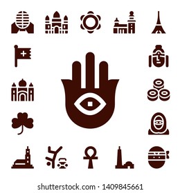 culture icon set. 17 filled culture icons.  Collection Of - Martial arts, Christian, Taj mahal, Hamsa, Clover, Buddha, Sushi, Desert, Hassan mosque, Angkor wat, Hip hop, Tambourine