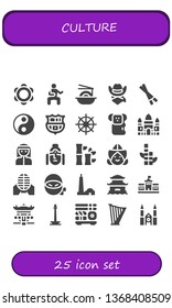 culture icon set. 25 filled culture icons.  Simple modern icons about  - Tambourine, Martial arts, Noodles, Cowboy, Chopsticks, Yin yang, Barcelona, Buddhism, Koala, Angkor wat