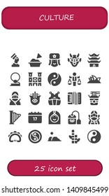 culture icon set. 25 filled culture icons.  Collection Of - Pharaoh, Guacamole, Russian, Hannya, Pagoda, Cowboy, Notre dame, Yin yang, Value, Opera house, Ninja, Hamsa, Kendo