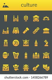 culture icon set. 26 filled culture icons.  Simple modern icons about  - Chopsticks, Desert, Chartres cathedral, Lantern, Vietnamese, Tambourine, Stockholm, Armenian, Cannoli