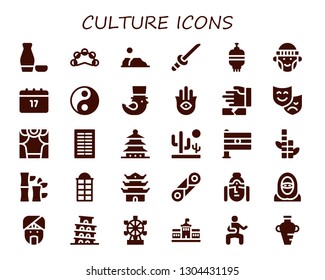 culture icon set. 30 filled culture icons.  Collection Of - Sake, Tambourine, Desert, Katana, Lantern, Hipster, Saint Patrick, Yin yang, Hamsa, Martial arts, Theatre, Theater