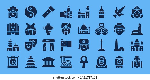 culture icon set. 32 filled culture icons. on blue background style Simple modern icons about  - Indian, Medieval, Qutb minar, Gong, Yin yang, Kendo, Theater, Pagoda, Lantern