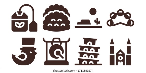 culture icon set. 8 filled culture icons. Included Saint Patrick, Tea bag, Gong, Tacos, Pisa, Desert, Chartres cathedral, Tambourine icons