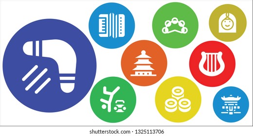 culture icon set. 9 filled culture icons.  Simple modern icons about  - Boomerang, Accordion, Tambourine, Hip hop, Sushi, Pagoda, Harp, Arab woman