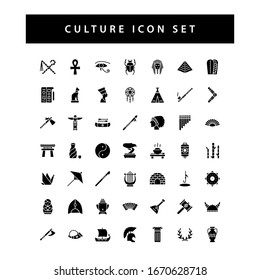 culture icon set with black color glyph style design.