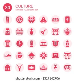 culture icon set. Collection of 30 filled culture icons included Wrap, Yin yang, Mask, Triquetra, Pula arena, Moai, Golden gate, Sculpture, Balalaika, Torii, Column, Lantern, Katana
