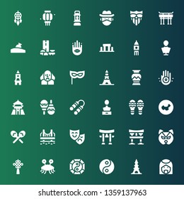 culture icon set. Collection of 36 filled culture icons included Arab, Eiffel tower, Yin yang, Pastafarianism, Chinese knot, Mask, Torii, Theatre mask, Golden gate, Maracas, China