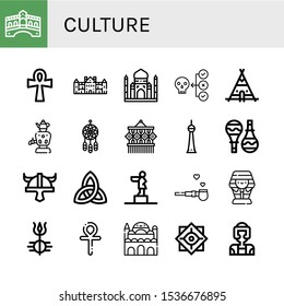 culture icon set. Collection of Rialto bridge, Ankh, Palace, Taj mahal, Virus, Teepee, Samovar, Dreamcatcher, Macrame, Berlin, Maracas, Viking helmet, Paganism, Statue, Pipe of peace icons