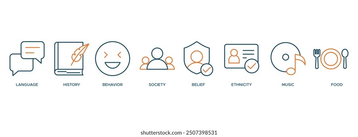 Culture icon set vector illustration banner web with icon of language, history, behavior, society, belief, ethnicity, music and food