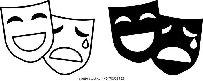 Culture icons. Black and White Vector Icons of Comic and Tragic Masks. Theatrical, Masquerade Masks. Lifestyle Concept
