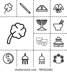 Culture icons. set of 13 editable outline culture icons such as mosque, temple, clover, asian food, yin yang, musical pipe, tambourine, clover, kimono, menorah, chichen itza