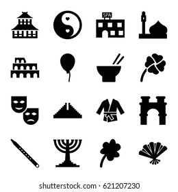 Culture icons set. set of 16 culture filled icons such as mosque, Chichen Itza, Coliseum, arch, temple, baloon, spa building, Clover, asian food, yin yang, musical pipe