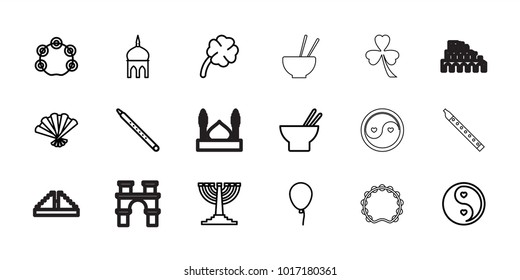 Culture icons. set of 18 editable outline culture icons: mosque, baloon, asian food, yin yang, musical pipe, tambourine, clover, fan, menorah, chichen itza, coliseum, arch