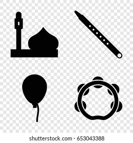 Culture icons set. set of 4 culture filled icons such as mosque, baloon, musical pipe