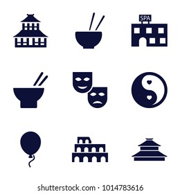 Culture icons. set of 9 editable filled culture icons such as coliseum, temple, spa building, mask, asian food, yin yang