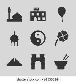 Culture icons set. set of 9 culture filled icons such as mosque, Chichen Itza, arch, baloon, spa building, asian food, yin yang