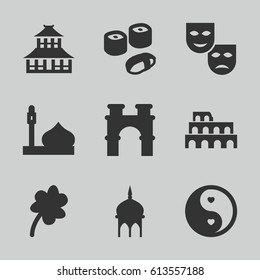 Culture icons set. set of 9 culture filled icons such as mosque, Coliseum, arch, temple, Clover, yin yang, sushi