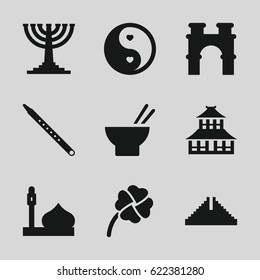 Culture icons set. set of 9 culture filled icons such as mosque, Chichen Itza, arch, temple, asian food, yin yang, musical pipe, clover