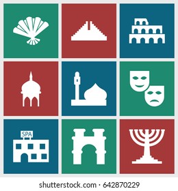 Culture icons set. set of 9 culture filled icons such as mosque, chichen itza, coliseum, arch, spa building, fan, menorah