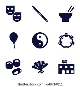 Culture icons set. set of 9 culture filled icons such as baloon, spa building, asian food, yin yang, musical pipe, tambourine, fan, sushi