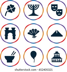 Culture icons set. set of 9 culture filled icons such as chichen itza, arch, temple, baloon, asian food, clover, fan, menorah