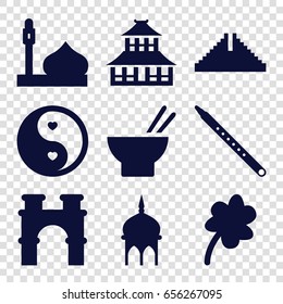 Culture icons set. set of 9 culture filled icons such as mosque, chichen itza, arch, temple, clover, asian food, yin yang