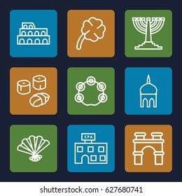 Culture icons set. set of 9 culture outline icons such as mosque, Coliseum, arch, spa building, tambourine, clover, fan, sushi