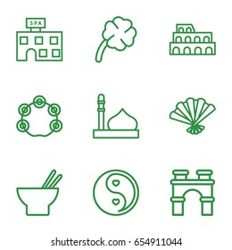 Culture icons set. set of 9 culture outline icons such as mosque, coliseum, arch, spa building, asian food, yin yang, tambourine, clover