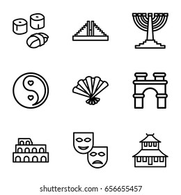 Culture icons set. set of 9 culture outline icons such as chichen itza, coliseum, arch, temple, yin yang, fan, sushi, menorah